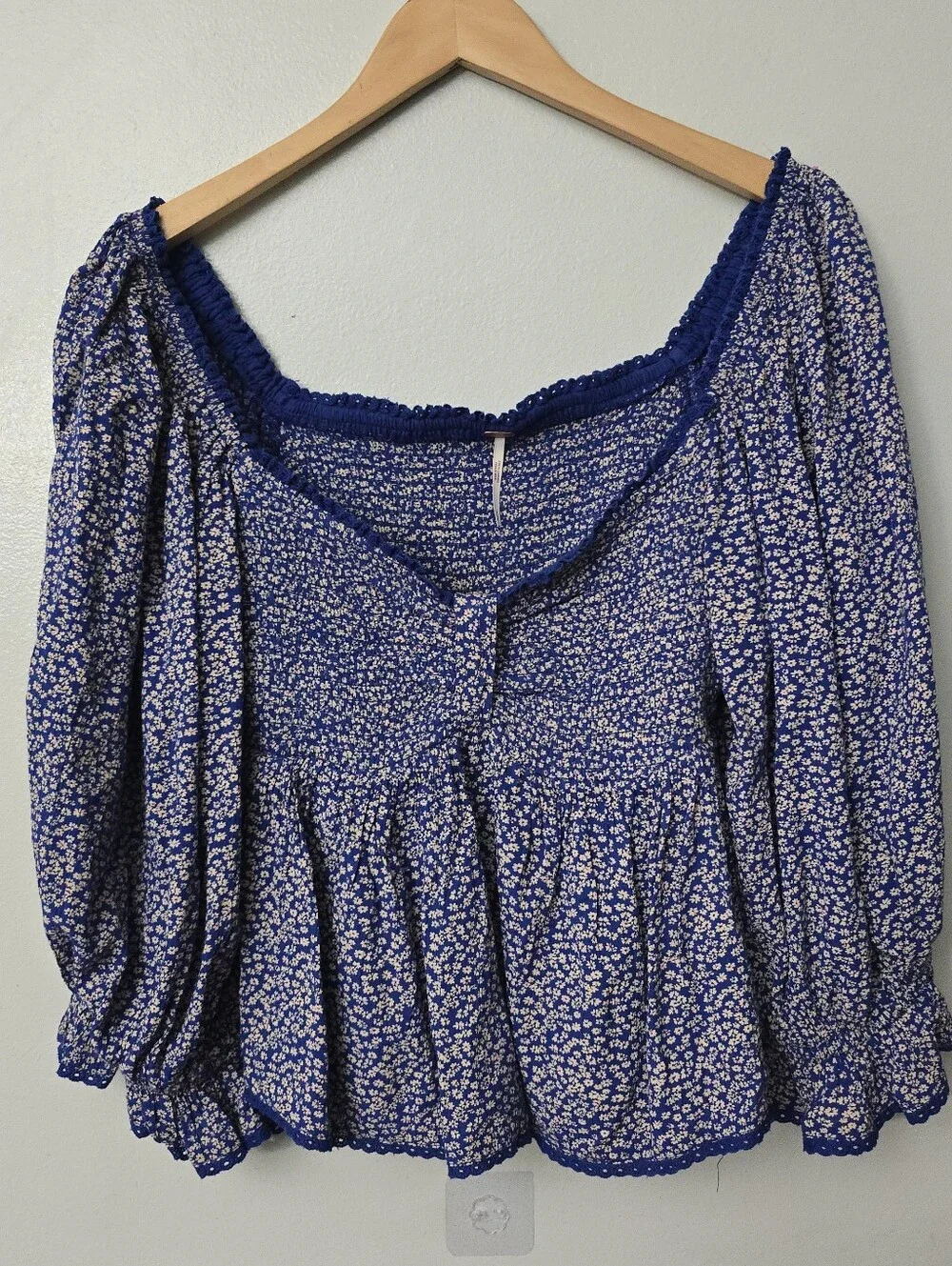Free People Brittnee Print Smocked Blue Peplum Top Size S floral Ditzy